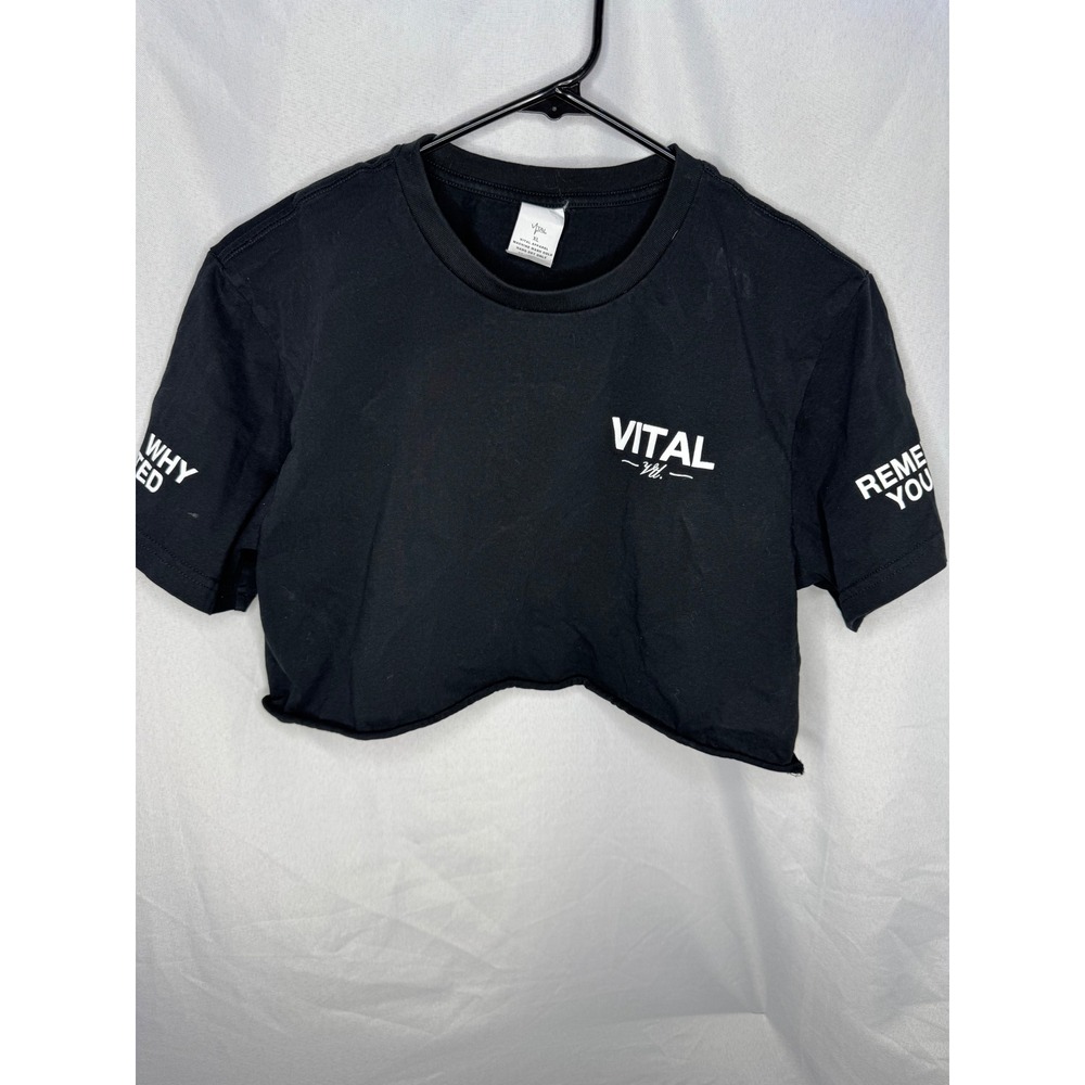 Vital Apparel Womens‎ XL Cropped Graphic T-Shirt Black Raw Hem Streetwear Gym